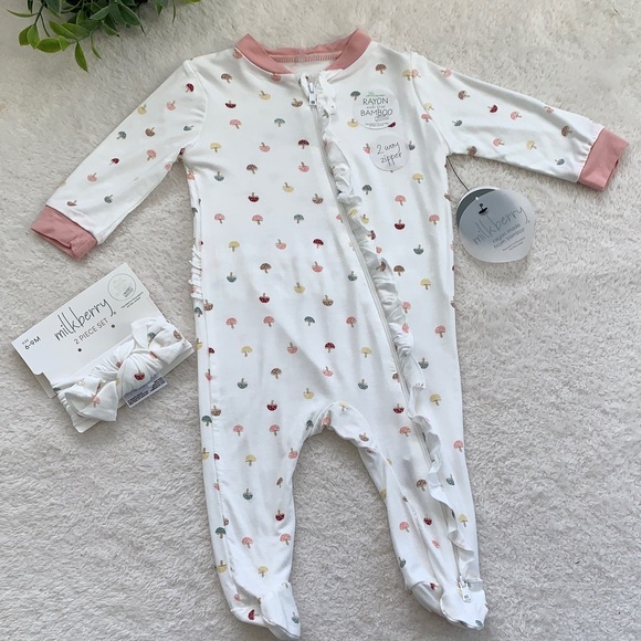 Milkberry Other - NWT Milkberry Mushrooms 6-9M Ruffle Footie & Headband Set White and Pink Bamboo